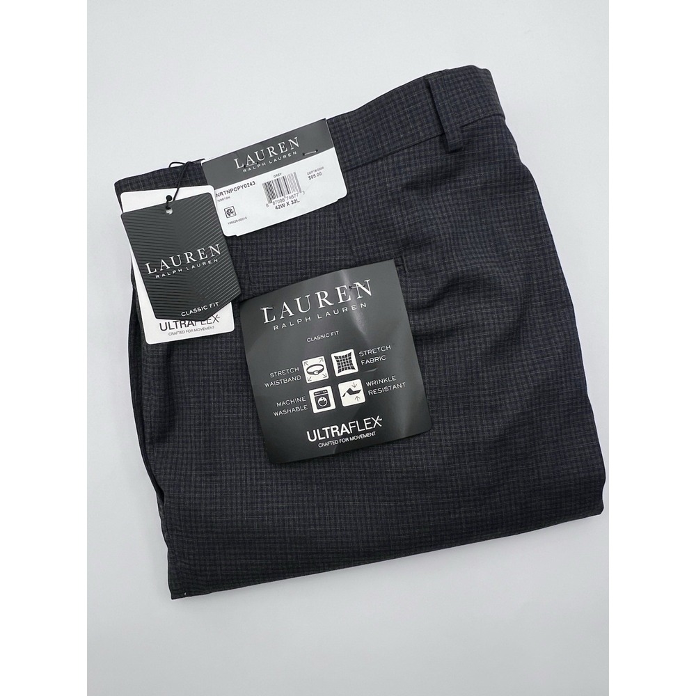NEW Lauren Ralph Lauren Mens Pants 42x32 UltraFlex Norton Gray Classic Fit Plaid